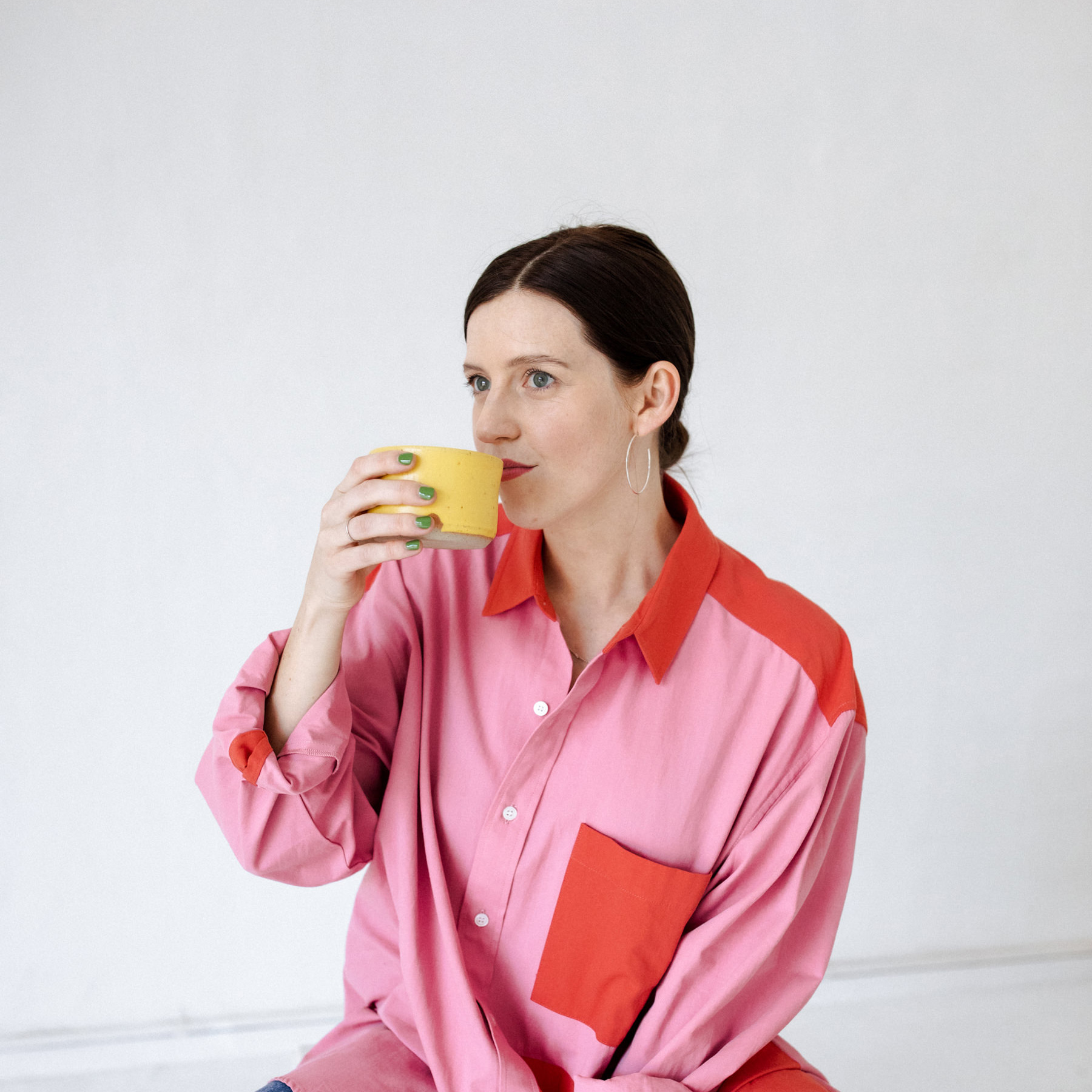 sun mother studio amy pearson pink shirt yellow cup